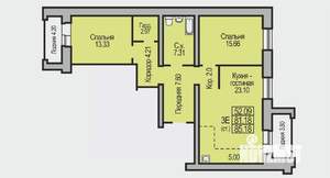 3-к квартира, строящийся дом, 85м2, 2/9 этаж