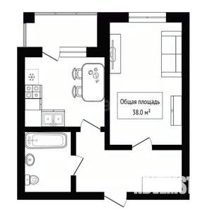 1-к квартира, вторичка, 38м2, 3/9 этаж