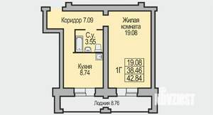 1-к квартира, строящийся дом, 43м2, 3/9 этаж