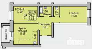 3-к квартира, строящийся дом, 61м2, 1/9 этаж