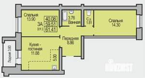 3-к квартира, строящийся дом, 61м2, 5/9 этаж