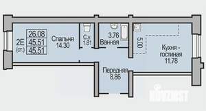 2-к квартира, строящийся дом, 46м2, 1/9 этаж