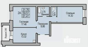 2-к квартира, строящийся дом, 61м2, 4/9 этаж