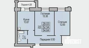 2-к квартира, строящийся дом, 55м2, 2/9 этаж